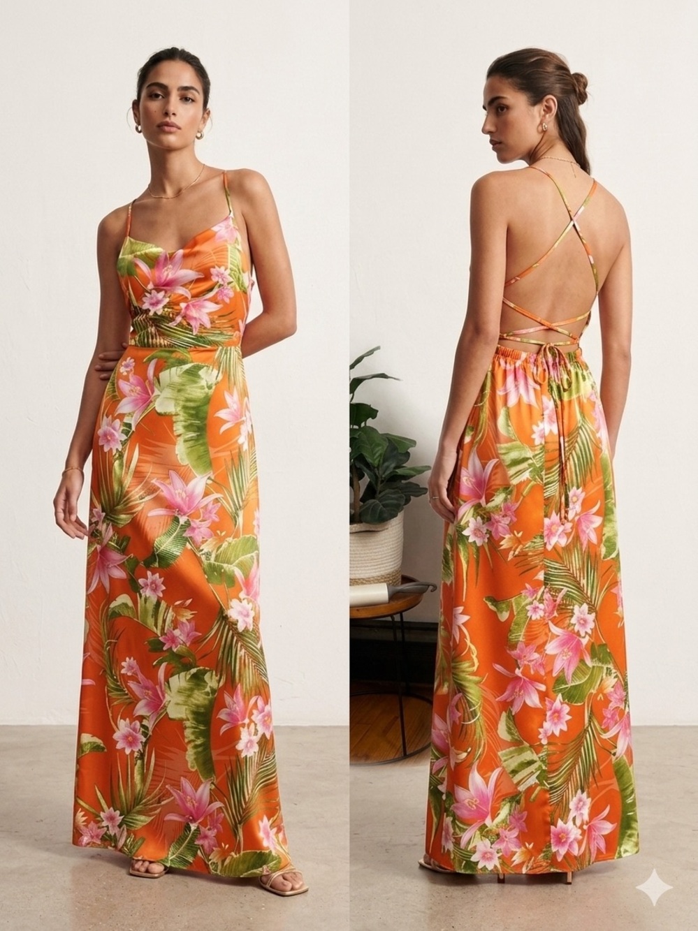 Haute Monde orange floral print satin maxi dress with a cross-back design.